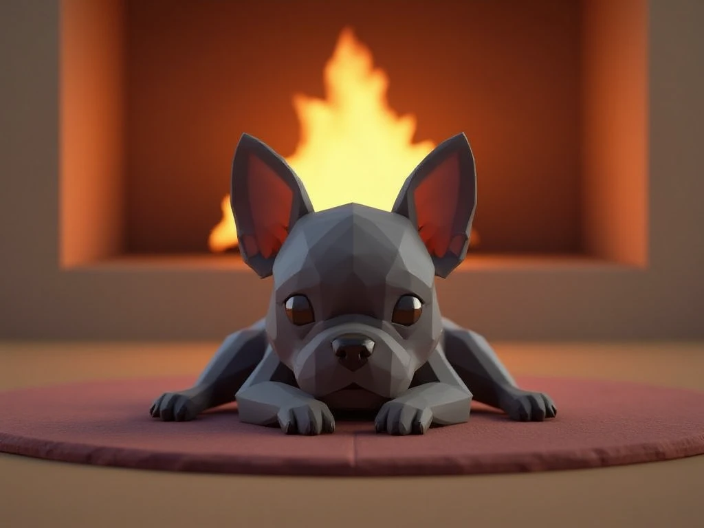 lo-ply_ a low-poly render of an adorable gray french bulldog laying on a cozy rug in front of a fireplace.