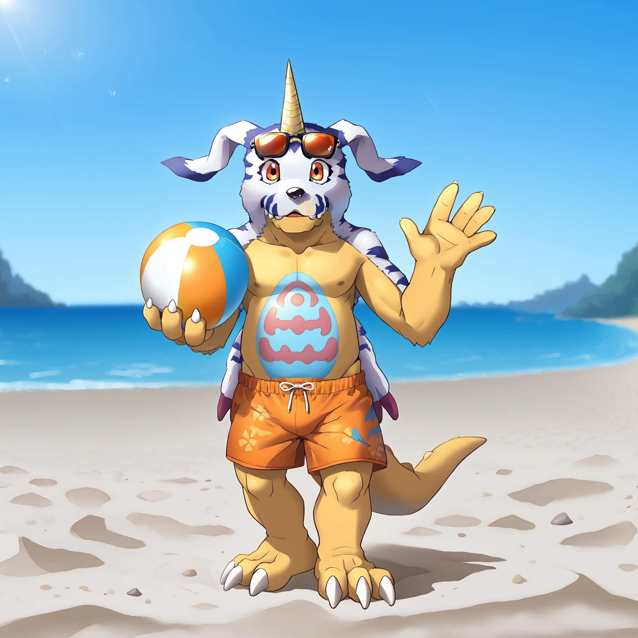 gabumon, solo, male, standing, looking at viewer, surprise, front view, animal skin, swimwear, swimming trunks, orange clothing, beach ball, holding ball, waving, waving at viewer, sunglasses, sunglasses on head, questioning, asking another, inviting, full-length portrait, tail, beach, sand, water, shore line, detailed background, <lora:gabumon-v1:1>