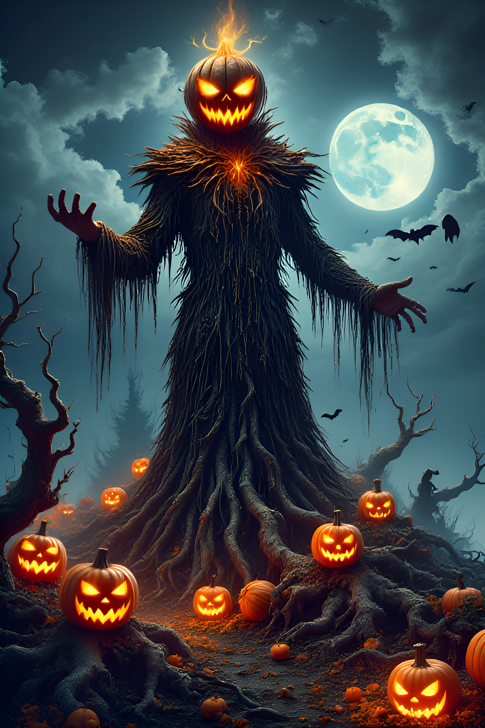 In a hauntingly enchanting landscape, the Pumpkin King reigns supreme, his towering figure silhouetted against a moonlit sky. Clad in tattered, flowing robes that resemble the twisted vines of a pumpkin patch, he exudes an aura of both majesty and menace. His head, a grotesque yet captivating pumpkin, is carved with a wicked grin that glows with an eerie orange light, illuminating the darkness around him.

The Pumpkin King stands atop a hill of gnarled roots and vibrant, oversized pumpkins, each one uniquely carved and glowing with its own sinister light. The air is thick with the scent of autumn, and the rustling leaves whisper secrets of the night.

Around him, ghostly apparitions and shadowy figures dance in the moonlight, celebrating the eerie beauty of Halloween. The sky is a tapestry of swirling clouds, with the full moon casting a silvery glow that enhances the otherworldly atmosphere.

This composition weaves together themes of Halloween, magic, and the supernatural, inviting the viewer into a whimsical yet dark realm where the Pumpkin King holds sway over the night, embodying the spirit of the season.