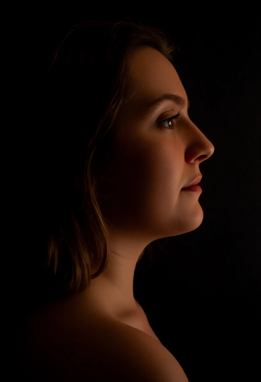 a face profile photo of izzyroland, a woman. The background is black. The image is lit in such a way that her head appears to glow around the outline.