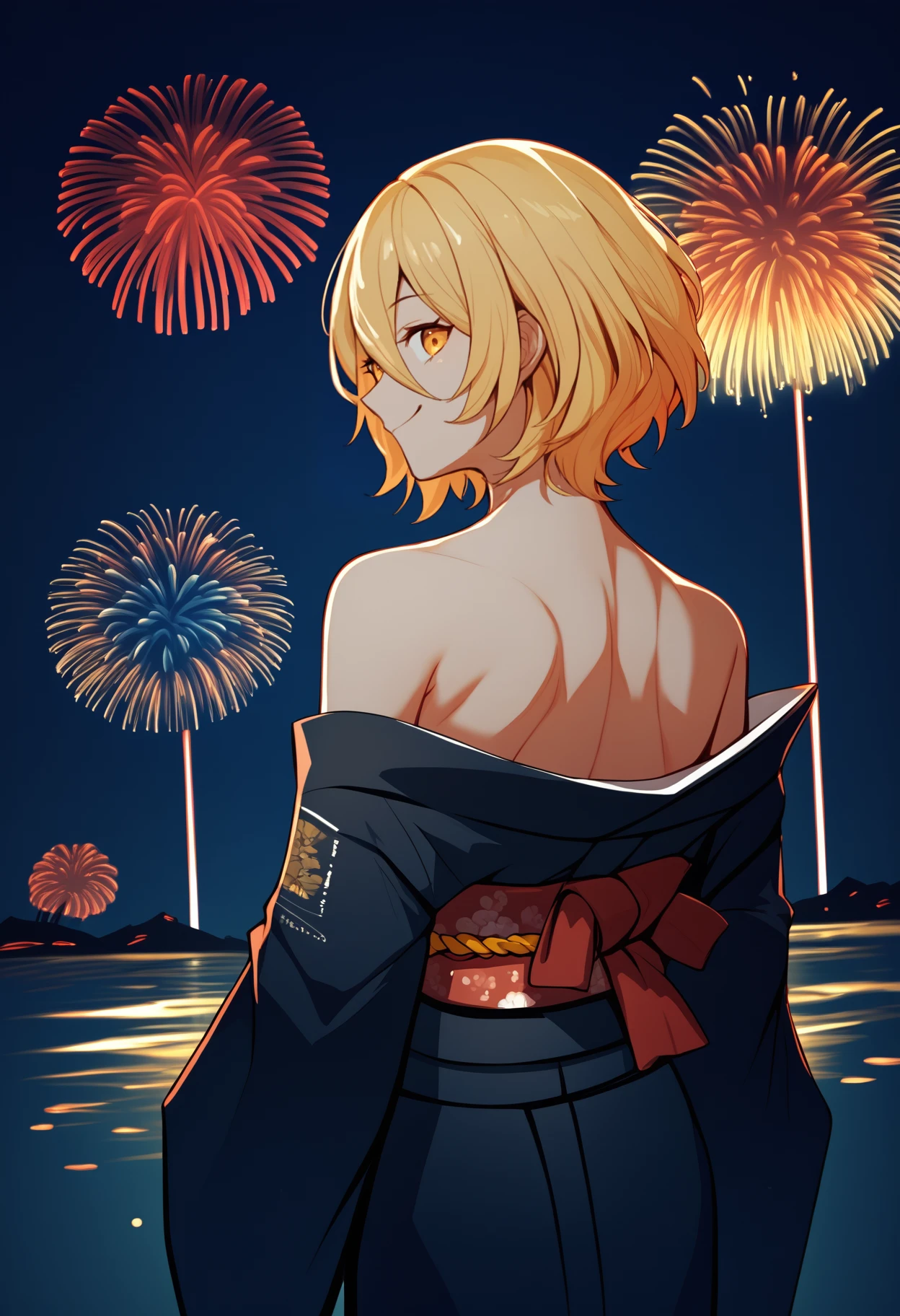 score_9, score_8_up, score_7_up, source_anime, <break> from behind, solo, 1girl, d0nquix0tedef, smile, looking back, short hair, blonde hair, hair between eyes, yellow eyes, japanese clothes, black kimono, off shoulder, red sash, bare shoulders, fireworks
<segment:yolo-face_yolov8m.pt,0.4,0.5//cid=1>