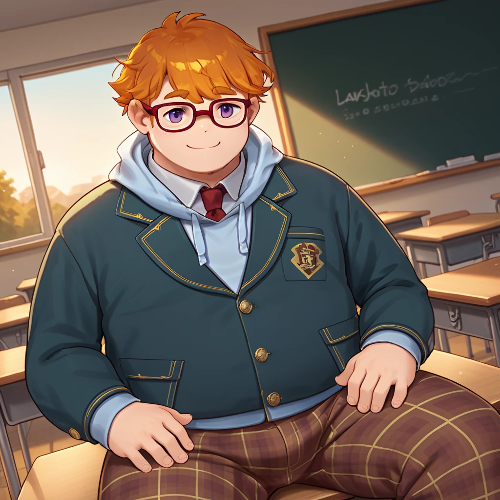 classroom, sunset, <lora:yotaro-v1-11:0.9> lahyotarolw, 1boy, solo, smile, plump, overweight, orange hair, red glasses, purple eyes, closed mouth, green blazer, light blue hoodie, red necktie, plaid pants, sitting, dutch angle, white shirt under clothes, <lora:PerfectEyesXL:0.8> perfecteyes, focus eyes,, score_9, score_8_up, score_7_up, score_6_up, score_5_up, score_4_up