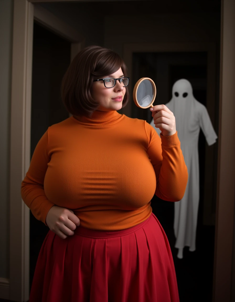 <lora:hugeboobs:1> a high resolution realistic photograph of a beautiful voluptuous young woman cosplaying as velma dinkley from scooby doo, she has short brown hair in a bob cut and square glasses. she is wearing a thick turtleneck orange woolen sweater with a red pleated skirt. she has gigantic breasts that dominate the photo. she looking through a round magnifying glass and inspecting something in an abandoned house, a ghost is creeping up on her