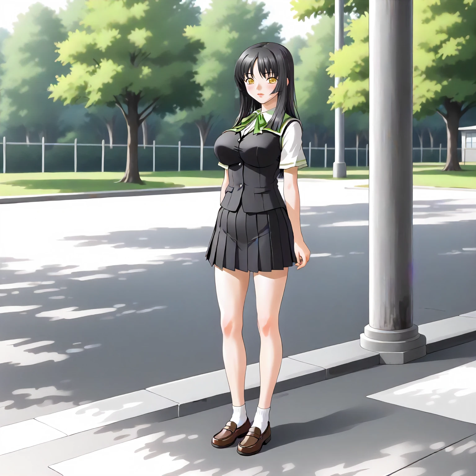 <lora:AtB_BiwaHanamaruXLpony001>,
outdoors,
solo,
BiwaHanamaru,1girl,black hair,long hair,yellow eyes,
large breasts,
school_uniform,white shirt,black vest,short_sleeves,
pleated_skirt,
full body,standing,