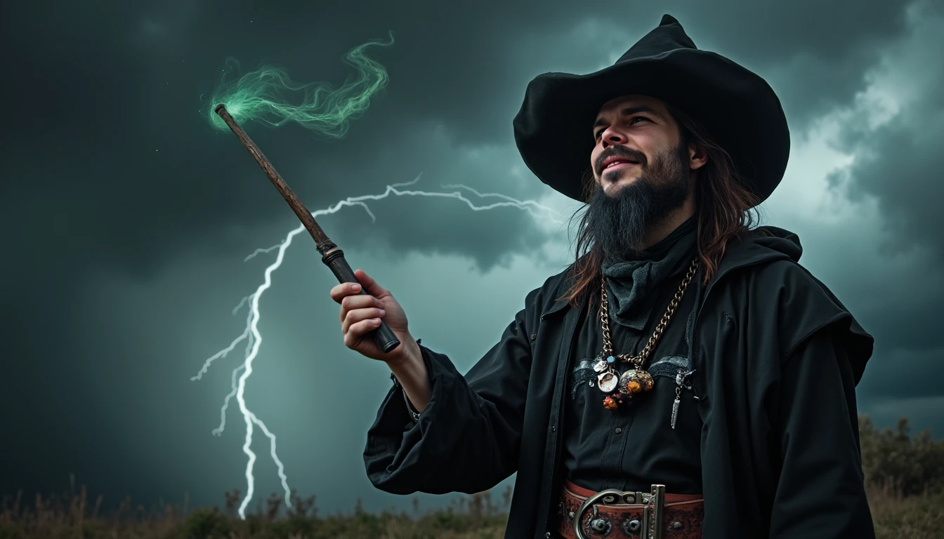 Renaissance style KCJFS man conjuring a storm with his magic wand,<lora:kingcobrajfs-lora:1>,gothic,wizard_hat,laughing,black robe,casper wyoming . Realistic, perspective, light and shadow, religious or mythological themes, highly detailed