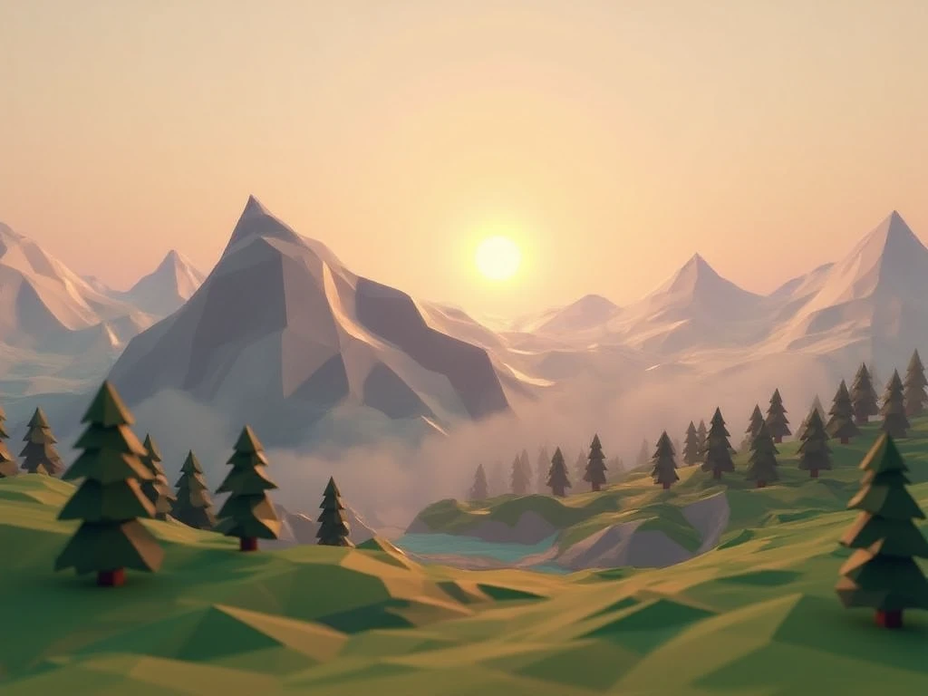 lo-ply_ a low-poly scene The sun rises over a jagged mountain range, casting golden light on the peaks. Below, a mist rolls through the valleys, slowly revealing evergreen forests and a winding river.