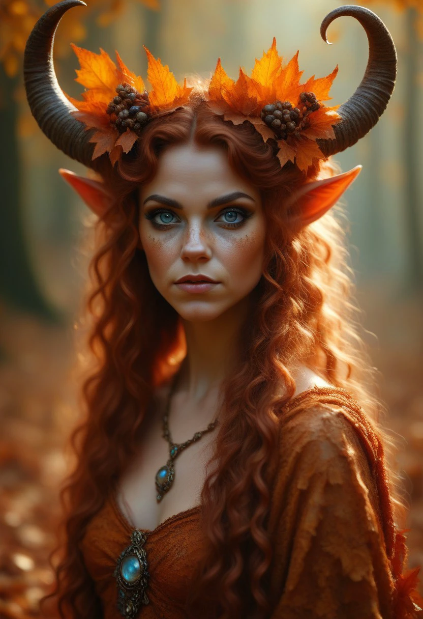 Magical Autumn, best quality, reality-shot, realism, realistic portrait photography of a beautiful satyr goddess in an magical wonderland, intricate details