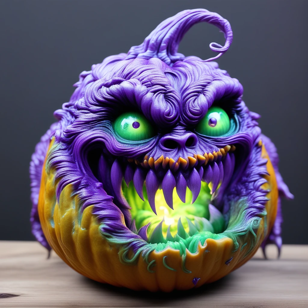 pumpkin monster carving green and purple by a candle flame