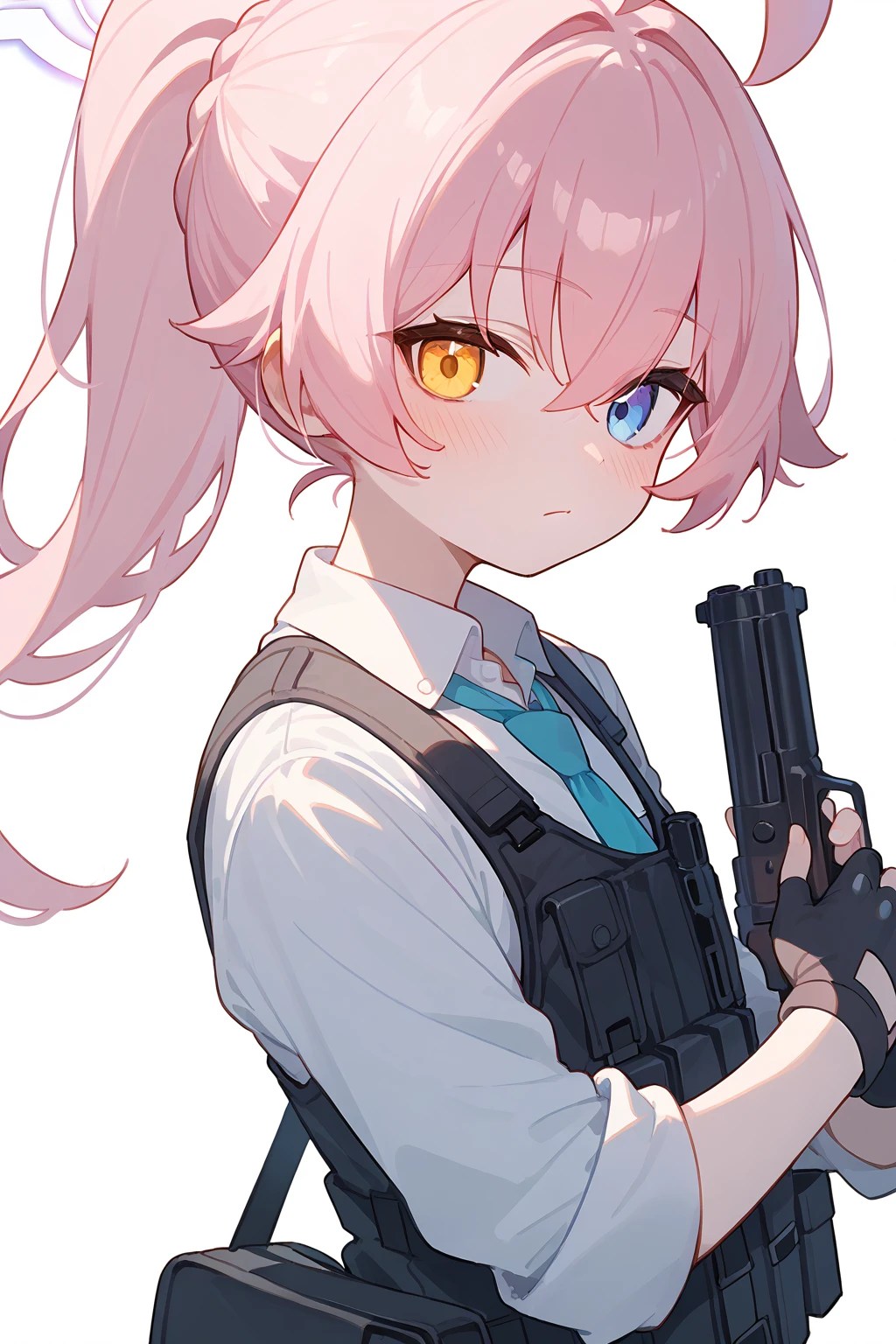 (score_9,score_8_up,score_7_up),<lora:hoshino (blue archive)-v1:1>,hoshino (blue archive),1girl,solo,weapon,heterochromia,gun,pink hair,gloves,necktie,shotgun,white background,blue eyes,blue necktie,shirt,simple background,yellow eyes,holding,looking at viewer,long hair,white shirt,holding weapon,holding gun,black gloves,blush,ahoge,collared shirt,vest,halo,upper body,closed mouth,bangs,fingerless gloves,sleeves rolled up,long sleeves,ponytail,hair between eyes,school uniform,bag,
good feet,anime,NSFW,expressive,amazing quality,ultra hd 32k,