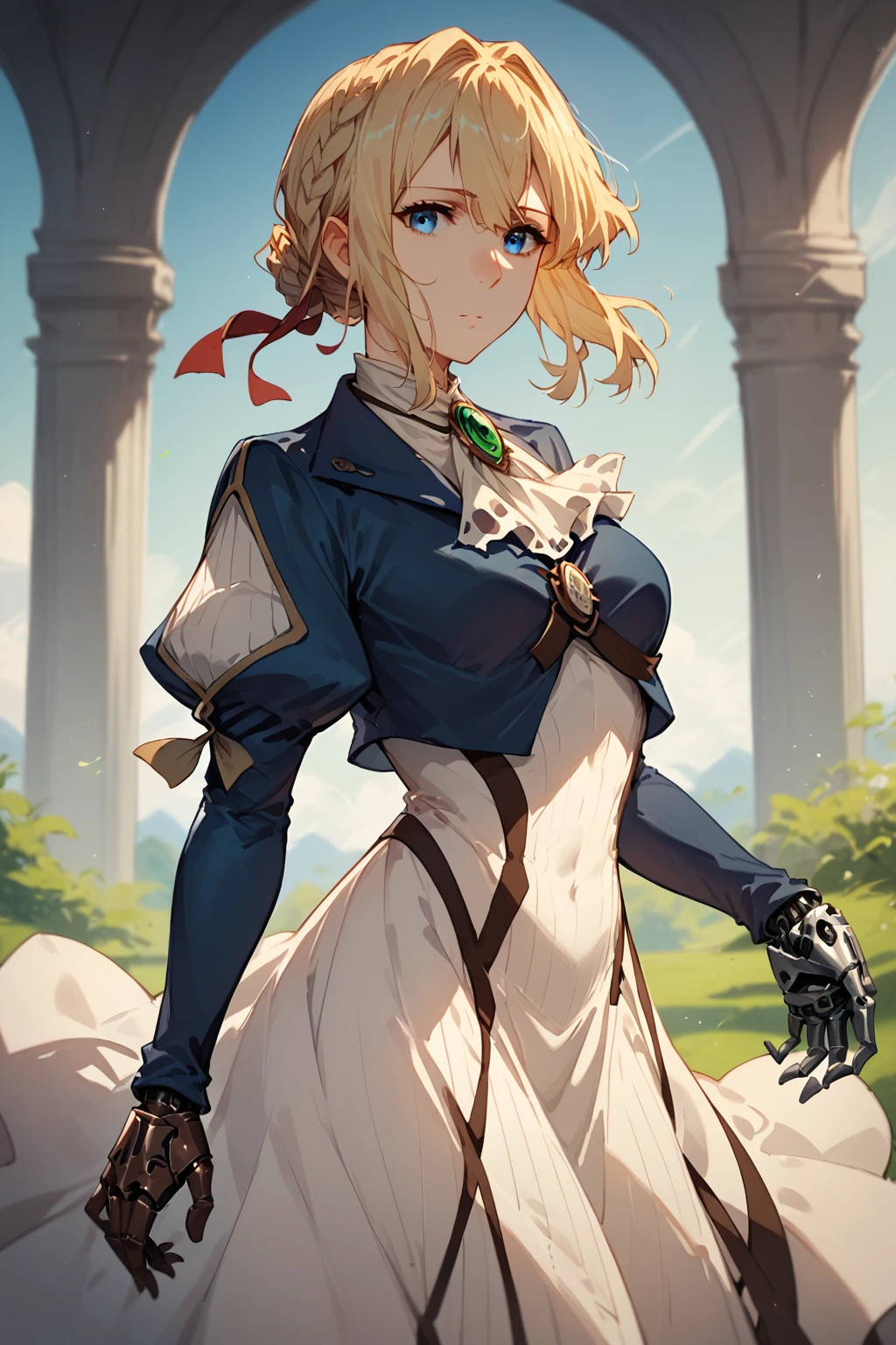 score_9, score_8_up, score_7_up,1girl,violet evergarden,blonde, braid, red ribbon, blue eyes, medium breasts, blue jacket, cropped jacket, brooch,ascot ,Juliet sleeves, dress, white dress, brown gloves, cowboy shot,mechanical hands, lookit at viewer