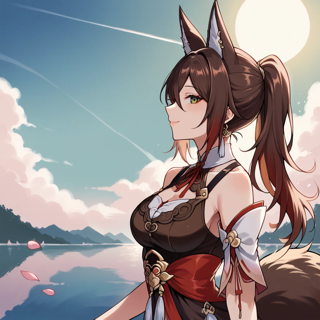 score_9_up, score_8_up, score_7_up, 1girl, solo, lake, pink petals, pink tree, sun light, clouds, sky, standing, from side, side profile, looking at you, seductive smile, upper body, face focus, Tingyun, Ting_Def, fox ears, fox tail, brown tail, fox girl, red hair, green eyes, multicolored hair, long hair, brown hair, bare shoulders, chinese clothes, sleeveless dress, detached sleeves, white sleeves, short sleeves, ponytail, red ribbon, red sash, jewelry, bracelet, shoulder straps, brown dress, white skirt, two-tone skirt, brown skirt, cleavage, halterneck, neck ribbon, white collar, single button, white tassel, earrings, mature body, dynamic cowboy shot,