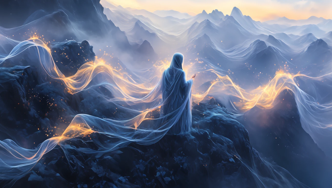 threads of spirit, cascading over mountains, divine presence, atmospheric mist, dawn light, hyper-realistic textures, aerial view  <lora:artfullyTOL:1>, arttl, masterpiece, (figure, soul),