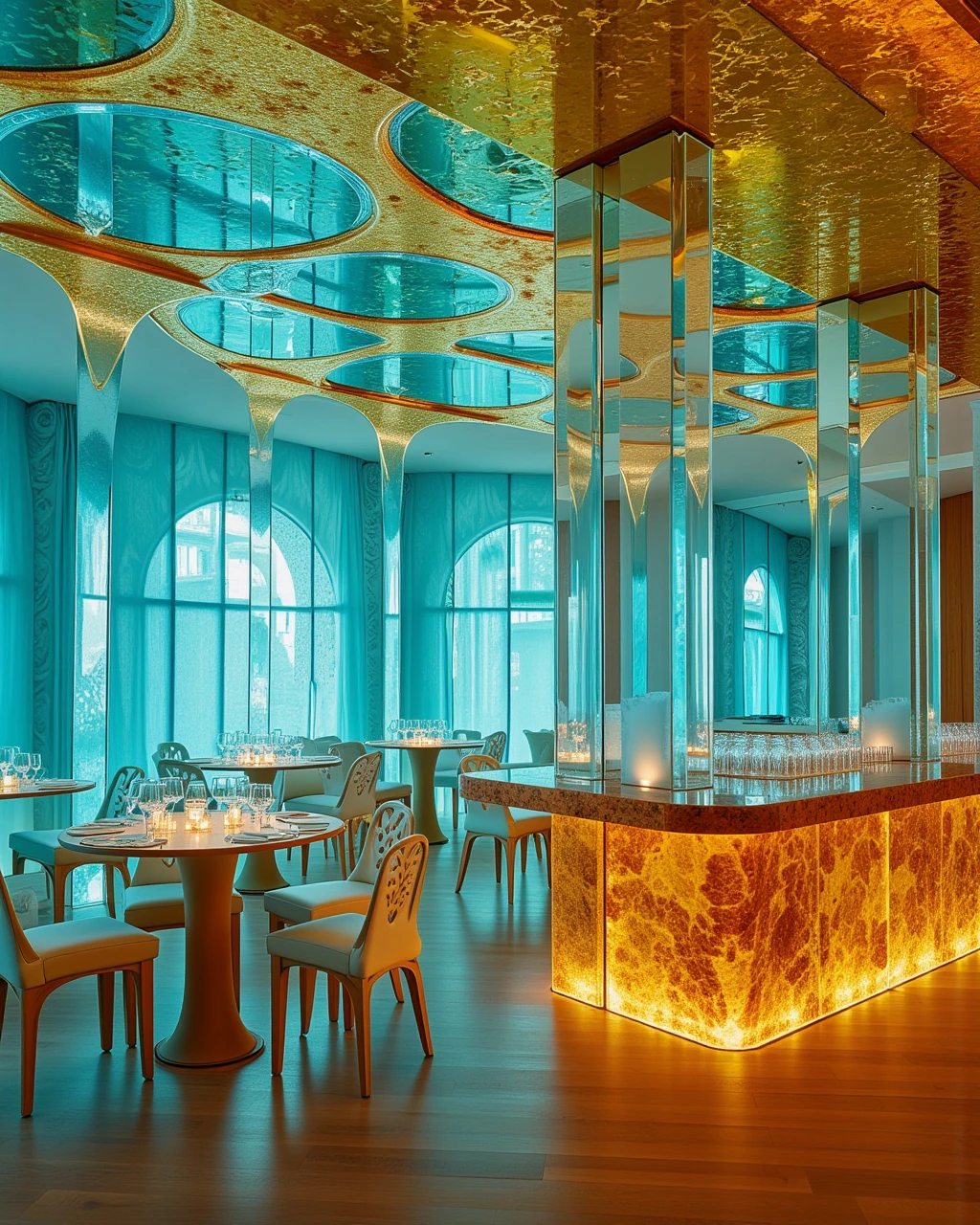 glassbarbylaushine,interior design of a large restaurant made up of translucent turquoise material,gold-leaf and crystal,fill with glass made chairs and tables,with glowing warm spot light