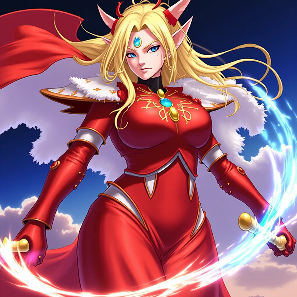 aeldari, asuryani, seer, aeldari's cape, aeldari's shoulder armor, 1girl, solo, long hair, blue eyes, blonde hair, gloves, dress, medium breasts, weapon, pointy ears, sword, cape, glowing, red dress, flag, glowing weapon, from below