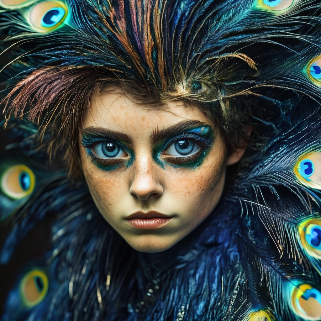 pavolaris Professional studio photo of a punk girl made of peacock feathers, peacock skin and hair, very beautiful, expressive, detailed, sharpened, on a navy blue background, f1.2 lens<lora:pavolaris:1>