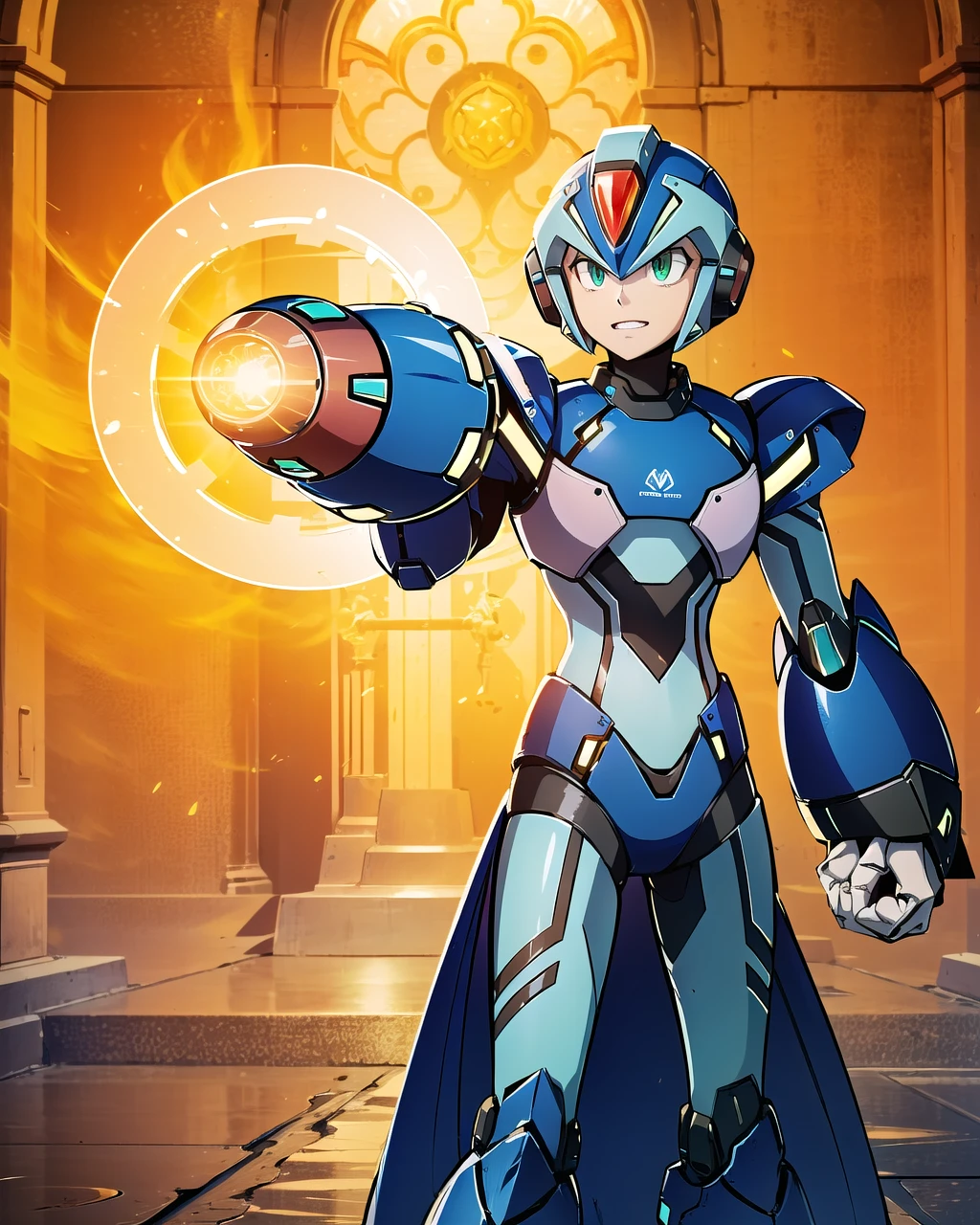 (masterpiece, 1boy, x(ver.ke), handsome, bishounen, glowing jewelry, octane render, preaching robe, clothed robot:1.3), In this extremely detailed and intricate romanticism masterpiece inspired by artworks of Thomas Hill, the artwork shows the scene a robotic cleric, resembling megaman x from megaman series, is smiling with bless on her face, under the sun. This elegant android is looking to the next siphonogamae at sides of a road of garden with curiosity, simutaneously inputting its visual information and analyzing it by her electronic brain. Her metallically shining body surface, decorated by sacred religious outfit, emits lighting and creates a stunning reflective sheen, revealing extreme beautiness added by transcendental existence. She is charging energy at her forehead jewel and tip of its arm cannon, to protect innocent people. (wide shot, arm cannon, x buster, x \(mega man\), polishing, glowing weapon, glowing blue, robot ears:1.2), <lora:xVerx:0.73>