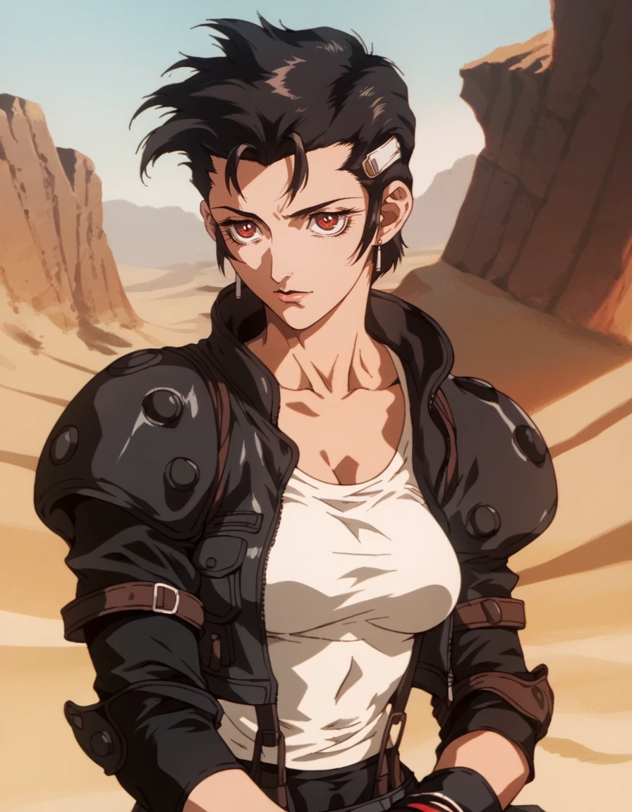 tifa lockhart,solo,mohawk hairstyle,leather jacket,black hair,desert canyon,warm colors,retro anime artstyle,flat colors,score_9,score_8_up,score_7_up,<lora:Vampire_Hunter_D:0.8>,