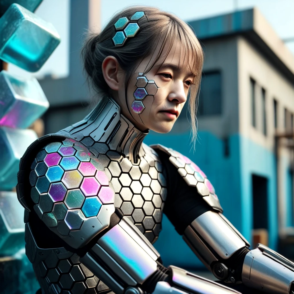 <lora:Scale_armor_SDXL:0.7>old man, wrinkled skin, jewelry, sitting, upper_body, outdoors, armor, blurry, , gauntlets, science_fiction, realistic, nose, android, mechanical_arms, cyborg, barcode, cyberpunk, ice_cube, mechanical_parts, honeycomb_(pattern)