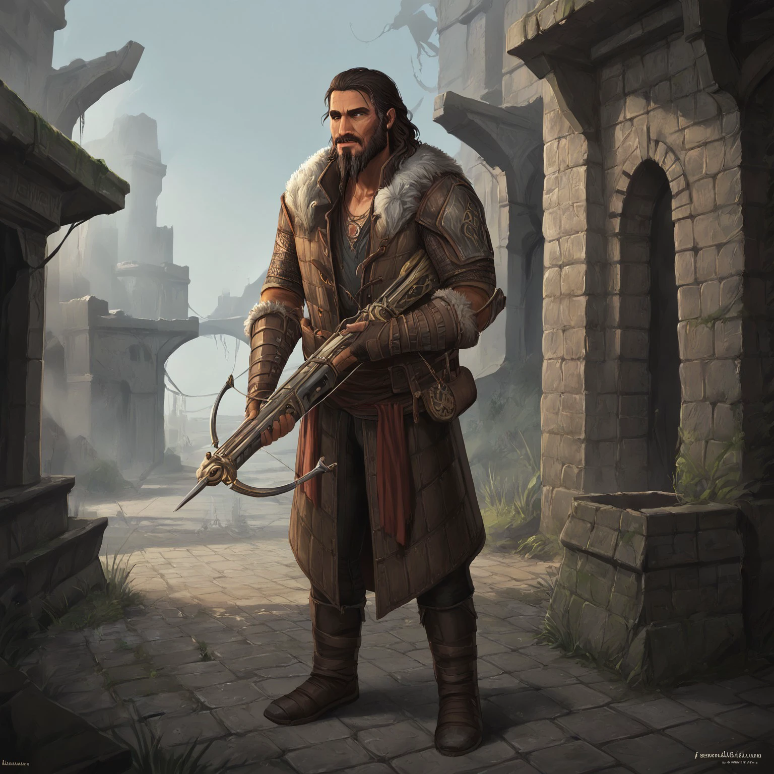 Score_7_up, score_8_up, full body, 
BREAK,
IfanBM, mature male, tan skin, facial hair,  fur trim, clothing, crossbow, outdoors, ruins setting, detailed background,