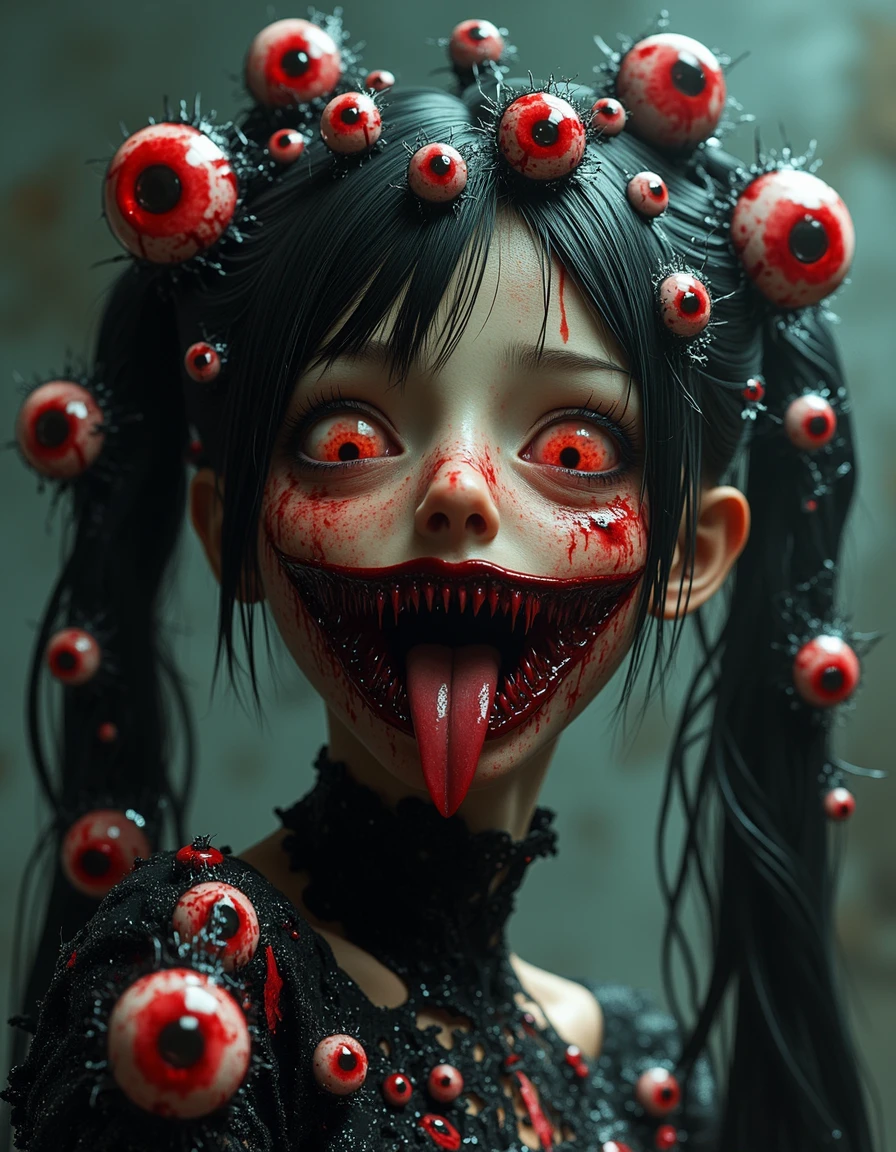 SuchGrotesque living creature, covered with many red eyeballs , hatsune Miku