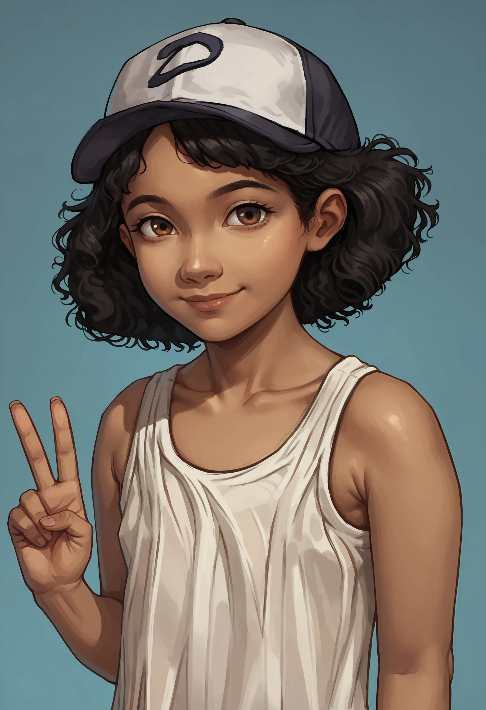 score_9, score_8_up, score_7_up, score_6_up, score_5_up, score_4_up, 1girl, <lora:ClementineS1:0.8> solo, black hair, curly hair, brown eyes, dark skin, hat, baseball cap, dress, sleeveless, pantyhose, footwear, upper body, smile, looking at viewer, v sign, 
light blue background, simple background,