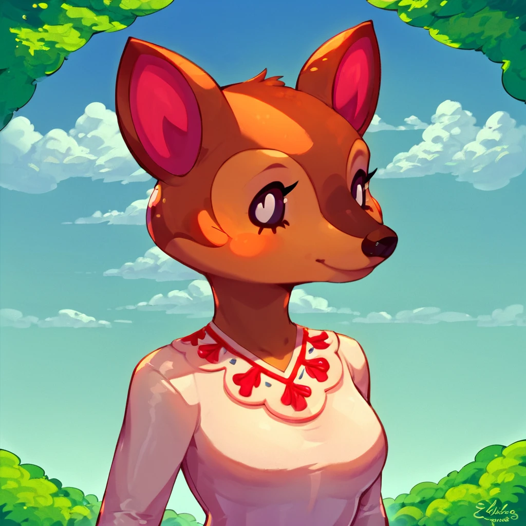 score_9_up, score_8_up, score_7_up, score_6_up, fauna \(animal crossing\), deer, anthro, white dress, brown fur, furry, smile, cowboy shot, pretty, beautiful, island background, medium breasts, upper body