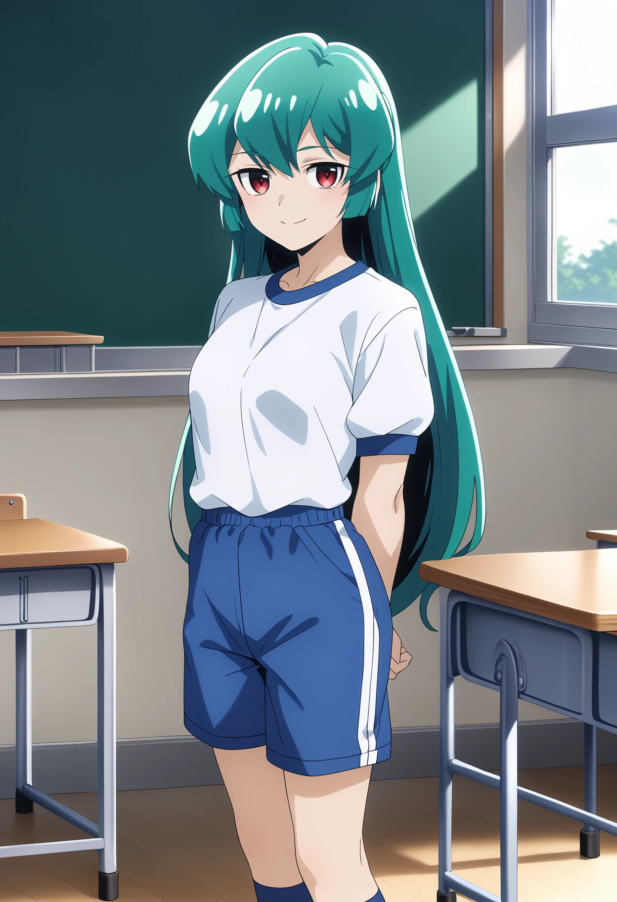 score_9, score_8_up, score_7_up, BREAK,
1girl, minakamisayo, green hair, long hair, red eyes,
blue shorts, short sleeves, socks, white shirt, gym uniform,
standing, arms behind back, smile, solo, looking at viewer, indoors, classroom, classroom background   <lora:MagiaAzurePDXL_byKonan:1>