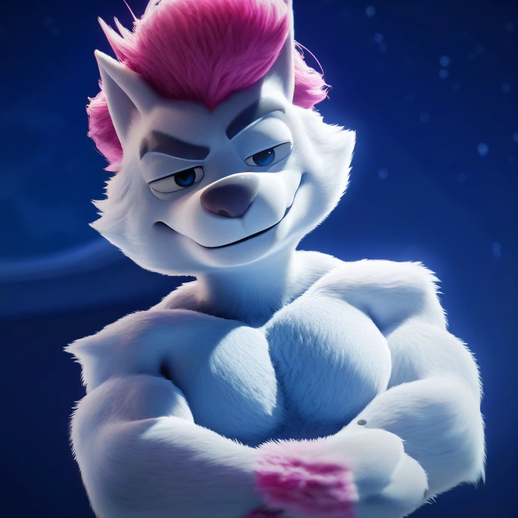 score_9, score_8_up, score_8, furry, Freddy, dog, white fur, pink hair, cartoon style, 2d, male, pecs, upper body focus, solo, arms crossed, smug expression, smirk, looking at viewer, night sky background