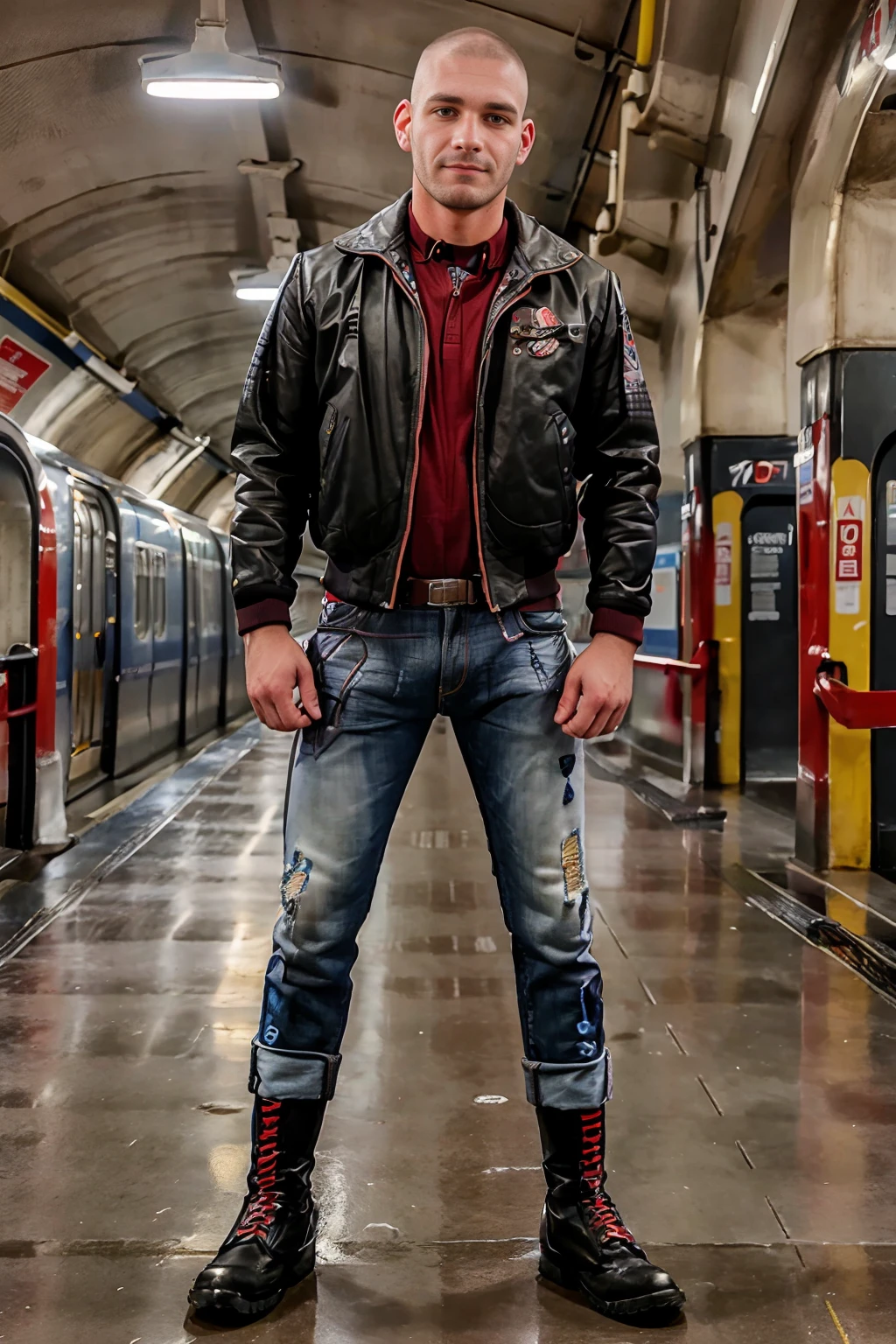 London subway station, skinhead, AaronMaster, close crop haircut, slight smile, (jacket), jeans and boots, ((bleachers jeans)), (closed jacket), (zipped jacket), (GS-Masculine:0.9), (((full body portrait))), wide angle, <lora:100_skins_v1:0.7>  <lora:AaronMaster:0.8>