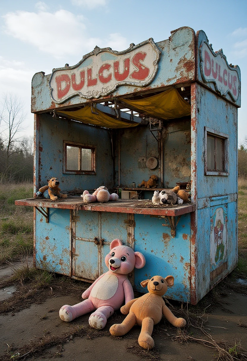 A broken-down carnival game booth, the prizes long gone and the paint peeling from the walls. The once vibrant stuffed animals now lay torn and forgotten on the dirt-covered ground. The boothâs canopy flaps in the wind, casting a shadow over the desolate space.  <lora:urban-decay-parks_v10_rank64_bf16-step02160:1>, abndnd_plcs_prks,