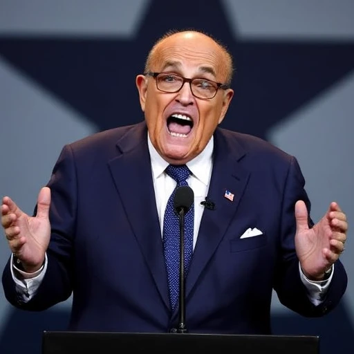 The image is a photograph of an elderly man delivering an impassioned speech or statement. He is standing behind a podium, which is black and has a microphone attached to it. The man is wearing a dark navy blue suit, a white dress shirt, and a polka-dotted tie. He has a small American flag pin on his lapel. He is bald with glasses, and his mouth is open wide, as if shouting or emphasizing a point, conveying a strong emotional expression. His hands are raised and spread wide apart, palms up, in a gesture of exasperation or emphasis. The background is blurred but appears to feature a large, dark star or emblem, possibly a logo, on a gradient background that transitions from dark at the top to light blue or white at the bottom. The lighting is bright, highlighting the subject's face and hands while the background remains out of focus, drawing attention to the speaker., giuliani, crazy faces, crazy expressions, weird faces, weird expressions