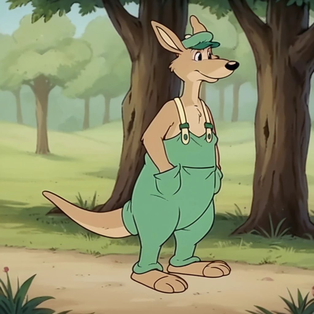 score_9, score_8_up, score_7_up, score_6_up, score_5_up, score_4_up, source_furry,Splodgebb, young anthro, male, kangaroo, tan fur, solo, 1boy,   full body, green cap, green overalls with suspenders, standing, hands in pockets, woods, <lora:996a62a7-d042-4d2b-af3b-14b417492a5d:0.7>