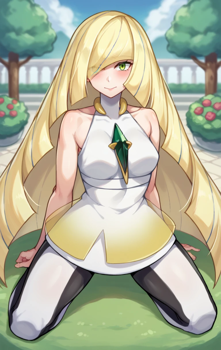 score_9,score_8_up,score_7_up BREAK <lora:lusamine:1>,lusamineSDXL,1girl,long hair,blonde hair,dress,bare shoulders,very long hair,green eyes,sleeveless,white dress,hair over one eye,sleeveless dress,short dress,gem,mature female,leggings,green gemstone,lusamine (pokemon),cowboy shot,garden,kneeling,v,