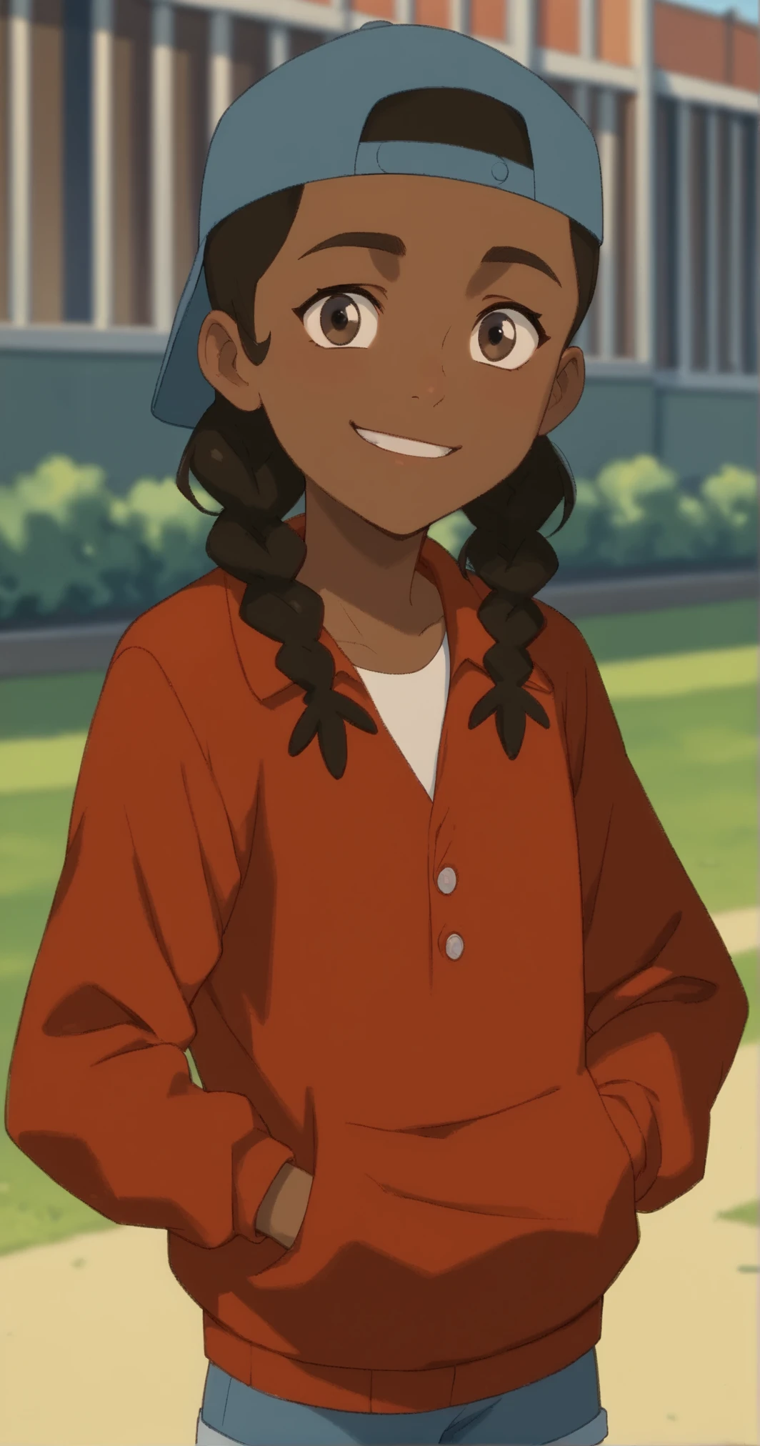 masterpiece, high quality, score_9,  score_8_up, score_7_up  Flip Johnson, Dark-skinned female, twin braids, black hair, backwards hat, baseball hat, brown eyes, shorts, red jacket, white shirt, ((cute)), 1girl, smile, looking at viewer<lora:Flip_Johnson_of_My_Adventures_with_Superman:0.9>