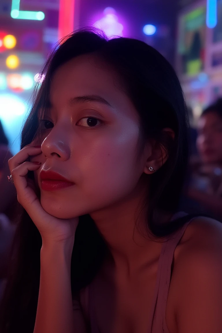 8k photography, flickr, stock photo, Close up Photo of a young women, Sitting in front of the night club bar, neon lights of the bar, (((very highly detailed skin texture))), expertly lit,