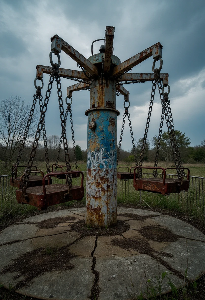 A forgotten swing ride with chains dangling loosely, the seats rusting away. The central column is covered in graffiti, and the ground beneath is cracked and overgrown with weeds. A dark storm brews in the distance, casting the area in an unsettling gloom.  <lora:urban-decay-parks_v10_rank64_bf16-step02160:1>, abndnd_plcs_prks,