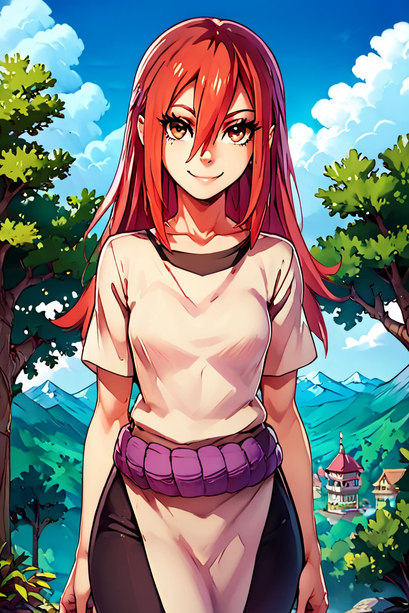 score_9, score_8_up, score_8, medium breasts, (curvy), cute, eyelashes,       BREAK, ,  ,,, <lora:TayuyaNaruto_PDXL_v3:1>, zzTayuya, brown eyes, long hair, red hair, hair between eyes,  purple rope, short sleeves, shirt, collarbone, ,,,  , BREAK, looking at viewer, smile, outdoors, sky, day, cloud, tree, blue sky, mountain, cowboy shot, ,,, embedding:zPDXL, Expressiveh, ,,, <lora:Alola_Style_PDXL:0.8>, <lora:CatalystStylePDXL:0.8>, <lora:Expressive_H-000001:0.4>,