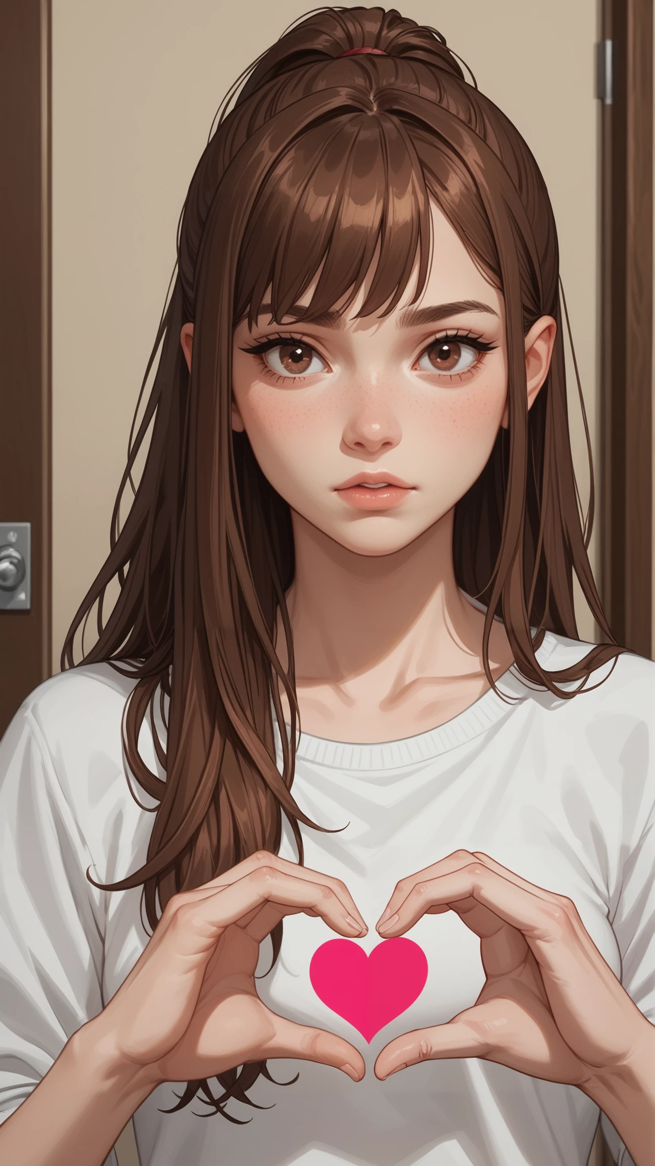 score_9, score_8_up, score_7_up, source_anime, BREAK, ((woman forming heart hands)), side parted long bangs, copperred brown hair, long hair, (dark, melancholic tone),nordish face, 1 women, looking to viewer, beautiful woman portrayed in her naturalness:sensual,noble,pure and self-confident,sporty, shy, seductive look, nerdy, girl next door look, cheeky, copper redbrown ponytail, dark colored shadow, neon details, low contrast, brown eyes, long side bangs to one side parted, glossy lips with glitter, long brown eyelashes, brown eyeliner, harmonius face