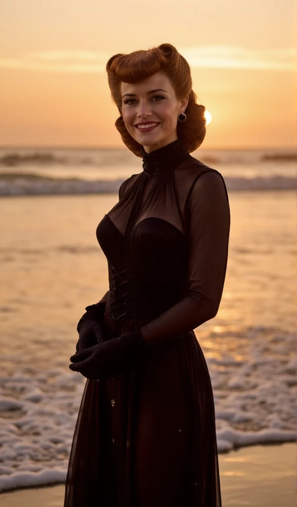 SilkSpectre1 is smiling. She wears a vintage longdress with long sleeves on the beach at sunset <lora:SilkSpectre1:0.9>