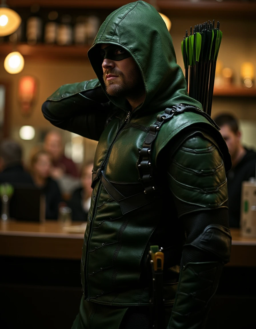 <lora:Arrow_Flux:1> Archer green hooded leather armor, domino mask, holding a compound bow. Standing in a cafe