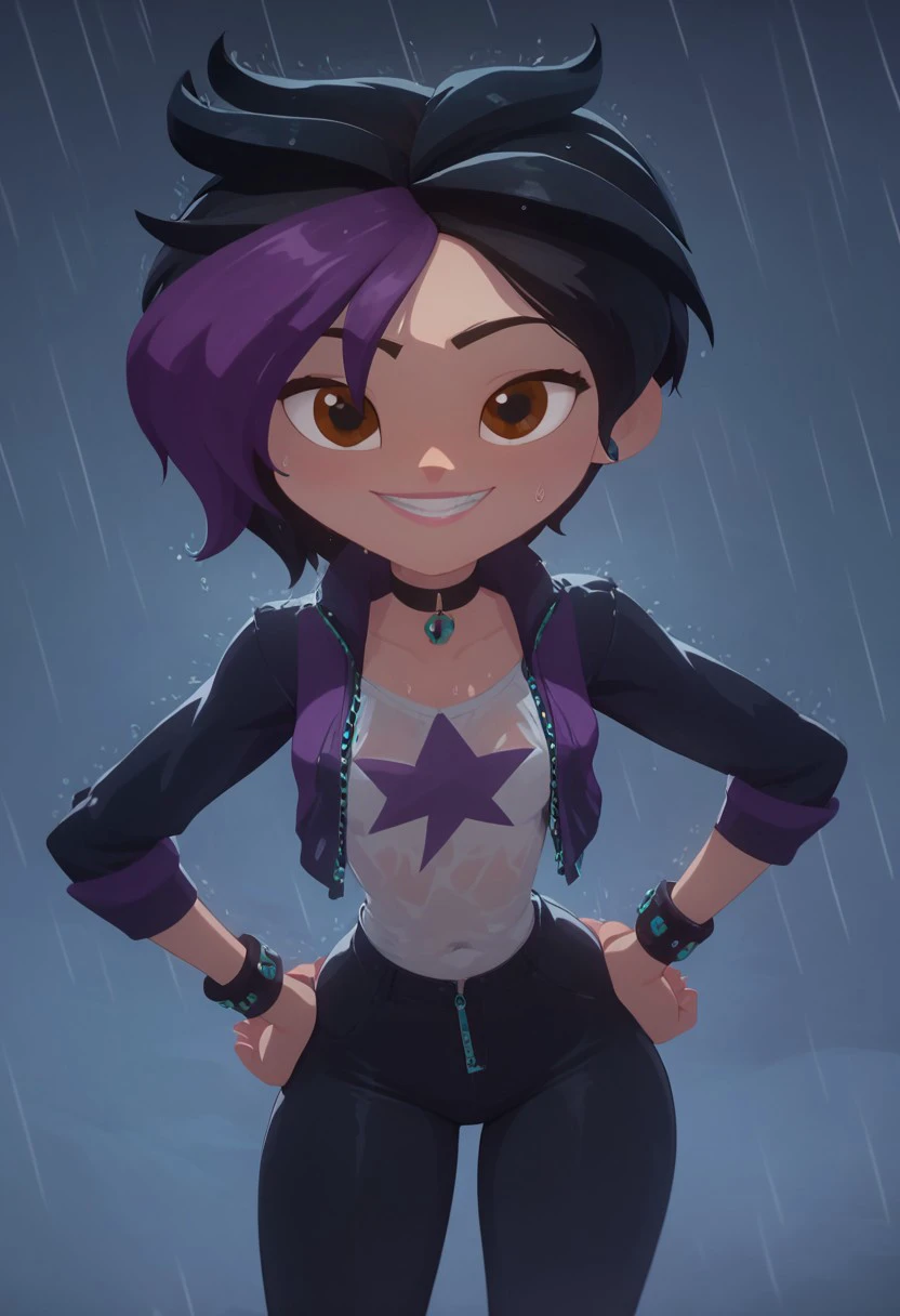 score_9, score_8_up, score_7_up, 1 girls, kira, mangamaster artstyle ,  detailed eyes, chocker, hot girl, petite body, defined  chest,  brown eyes,  two-tone purple and black hair,  bracelets, thin eyebrows,  cute pose,   soft tummy,   black jacket ,  sweating, looking up at viewer,  wet sweater,  midrif, toned body, soft tummy, standing in rain, rainy weather, dark thunder clouds, lightning , lightning bolt, pov, short girl, wide hips, thicc hips,  pixie haircut, evil grin, squinting eyes, sassy pose, looking up at viewer,  black pants, lowered eyelids, bedroom eyes, closed mouth, hands on hips, sealed lips, rim lighting, zipper jacket, cyan highlights