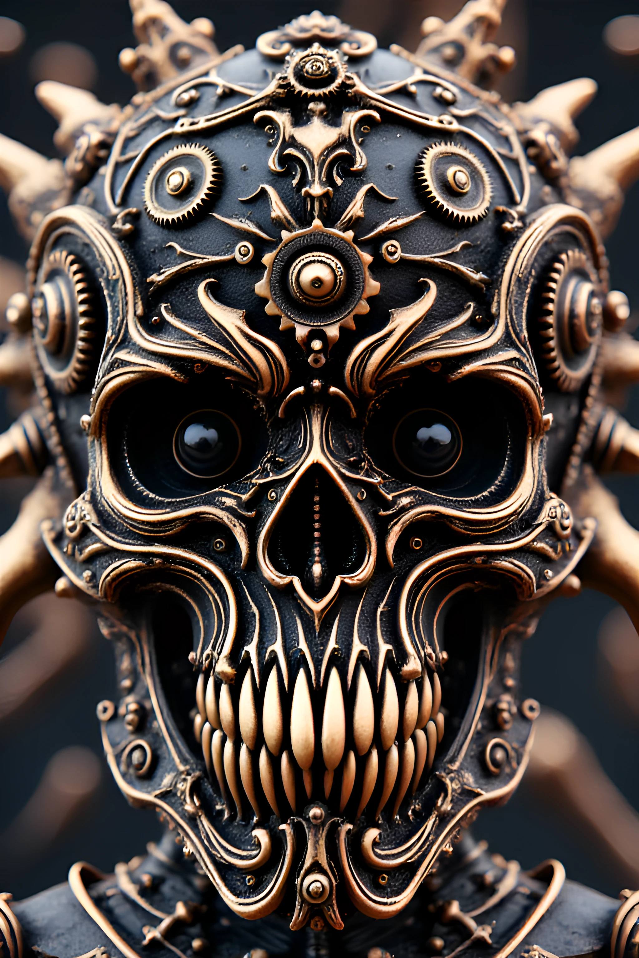 A highly detailed, CGI-rendered artwork of a skull, intricately decorated with various mechanical parts and gears, giving it a steampunk aesthetic. The skull's face is rendered in a metallic, bronze color with intricate, swirling patterns and textures that mimic the look of polished metal. The eyes are hollow, with a central, round gear positioned at the forehead, surrounded by smaller gears and cogs.