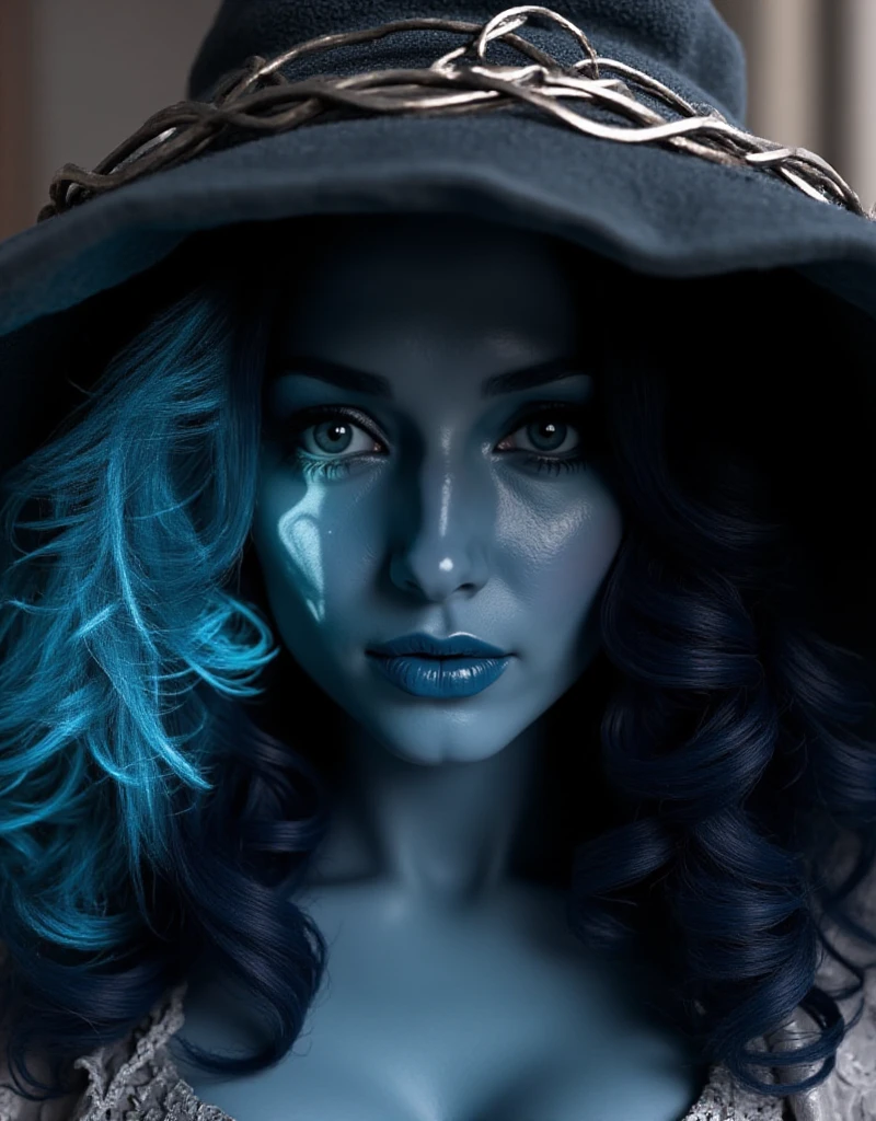 Ranni, a blue skin woman with extra face and witch hat. closeup face portrait <lora:Ranni:0.9>