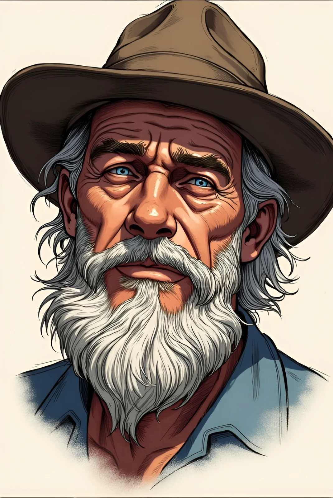 Sketch Style, solo, blue eyes, simple background, 1boy, hat, white hair, male focus, facial hair, scar, beard, scar on face, mustache, scar across eye, old, old man