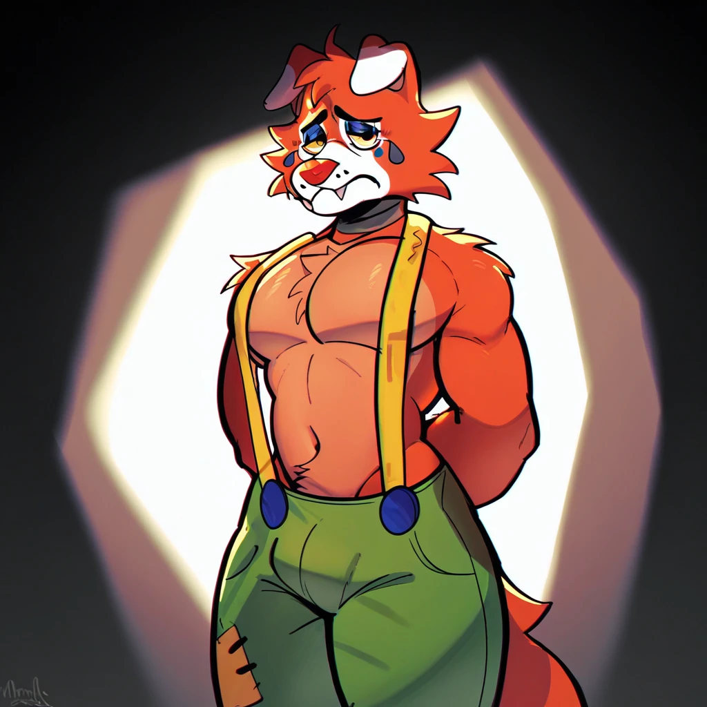 score_9, score_8_up, score_8, furry, CFoxy, fox, clown makeup, cartoon style, 2d, male, pecs, thick thighs, wide hips, solo, colourful overalls, overalls only, standing, on stage, under spotlight, arms behind back, looking at viewer, sad expression, inside