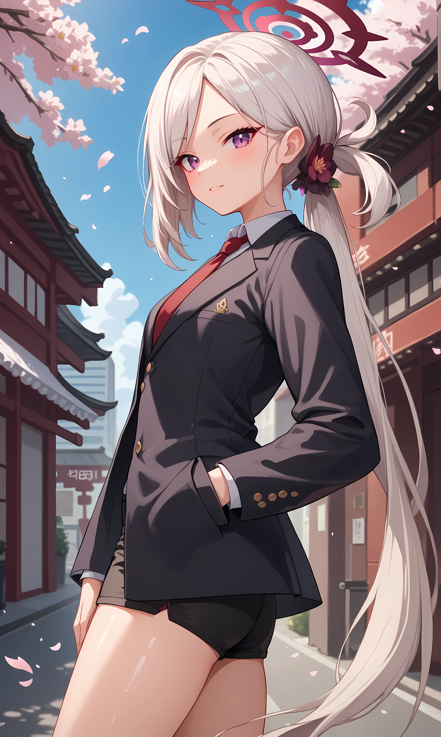 score_9, score_8_up, score_7_up, source_anime, 1girl, solo, outdoors, street, cherry blossoms, cowboy shot, standing, looking at viewer, shiny skin, mutsuki, purple eyes, white hair, very long hair, low ponytail, hair flower ornament, halo, black blazer, long sleeves, red necktie, collared shirt, black shorts, from side, hand on pocket