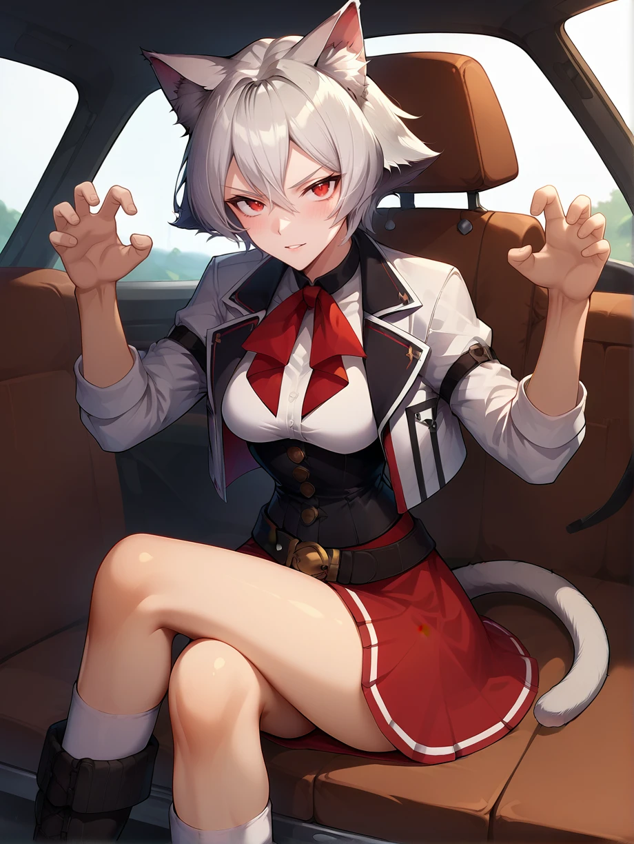 score_9, score_8_up, score_7_up, source_anime
1girl,
linia dedoldia, red eyes, short hair, grey hair, hair between eyes, animal ears, cat tail, animal ear fluff,
 red skirt, black corset, white shirt, white jacket, ribbon, bow, buttons, boots, white socks, belt, cropped jacket
medium breasts, sitting, crossed legs, claw pose, in a car
<lora:Expressive_H:0.2> <lora:housechores-guy-PONYv1:0.4>   <lora:linia dedoldia 0.1:0.9>