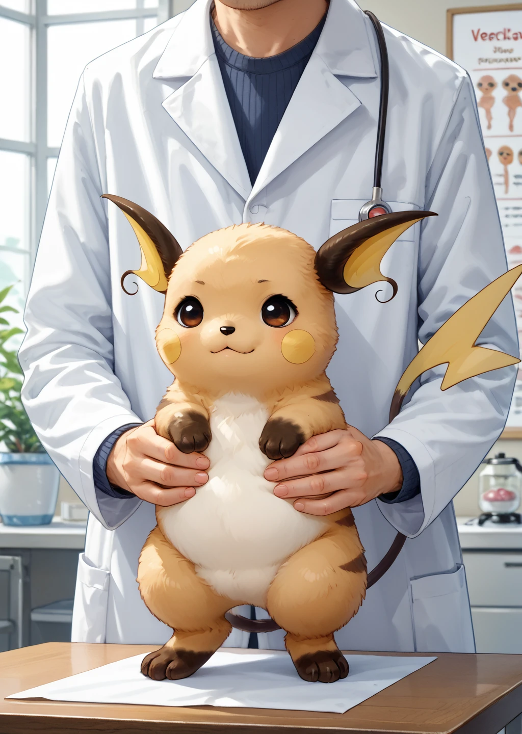 score_9, score_8_up, score_7_up, score_6_up, score_5_up, score_4_up, vetcheck, human, veterinarian, lab coat, rubber gloves, inspection, hands, holding animal, animal focus, 1boy, inspection table, cute female furry feral chibi raichu, standing, skeptical, one eyebrow raised, lips pursed, source_furry  <lora:Veterinarian_inspection:0.7> <lora:POKEMON_RAICHU_r1:1> raichu, pokemon (creature)