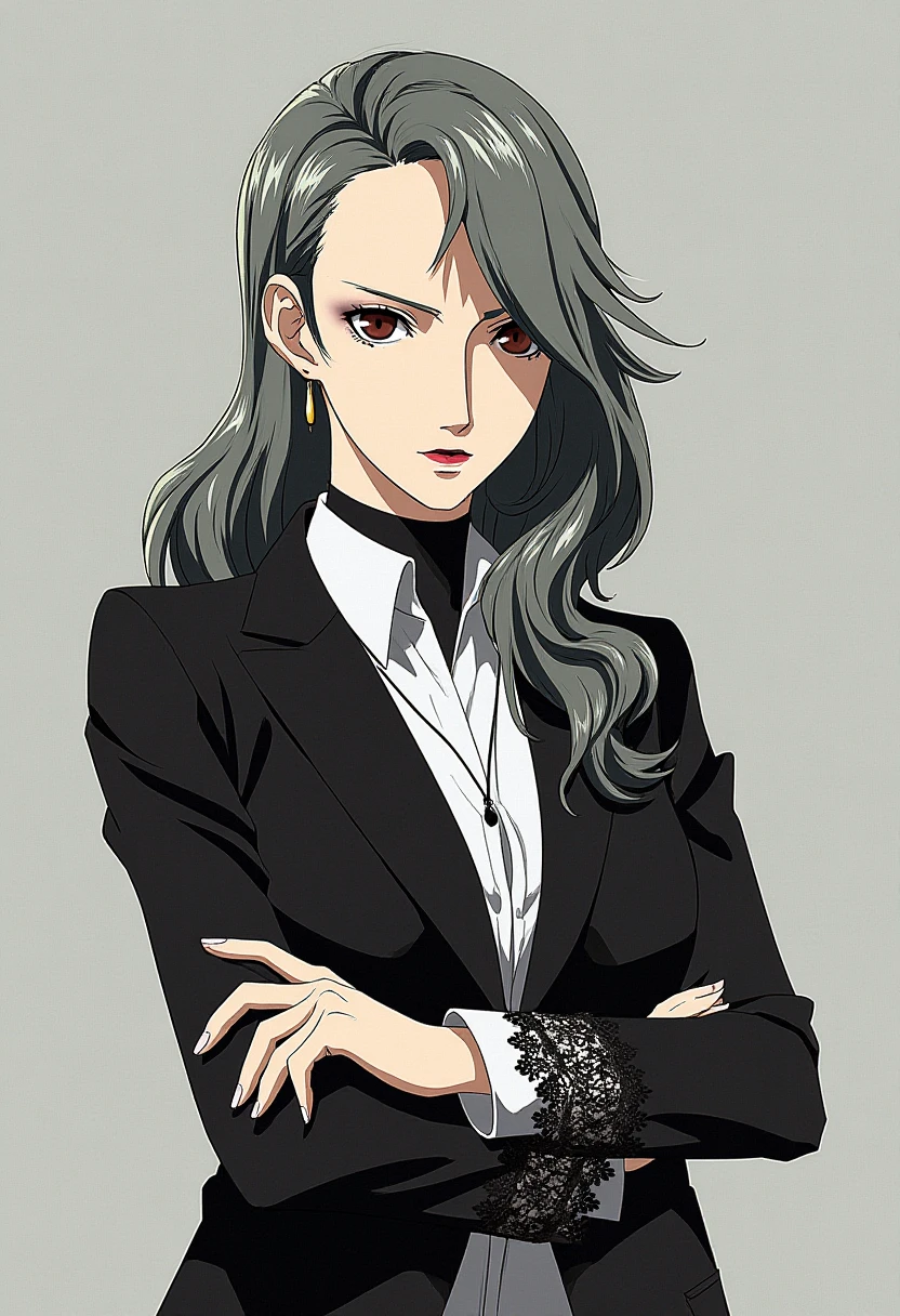 A detailed solo portrait of niijima_sae
Anime style, sharp, high contrast and highly detailed.
. <lora:persona5_niijima_sae_flux_v4_2-000011:1>,,.
She is wearing a sleek black suit with tailored pants and a fitted jacket. Her arms are crossed, conveying a serious, confident demeanor. The jacket has detailed lace-like patterns on the cuffs and edges, adding a subtle, stylish flair to the otherwise professional look. She is wearing high heels, completing her sharp and poised appearance. Her expression is stern, and she exudes a sense of authority and sophistication. Tall and slender.