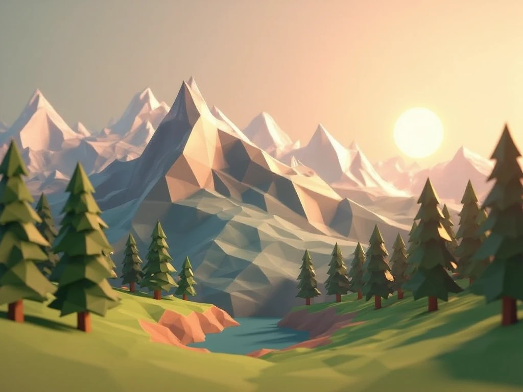 lo-ply_ a low-poly scene The sun rises over a jagged mountain range, casting golden light on the peaks. Below, a mist rolls through the valleys, slowly revealing evergreen forests and a winding river.